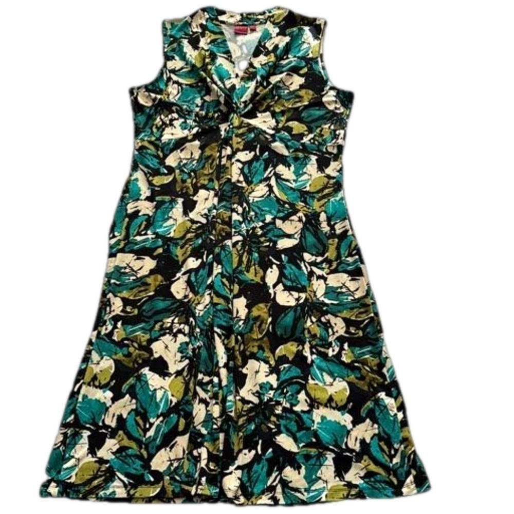 212 Collection Twist Dress, Size M, Teal, Black, White & Avocado Abstract Print